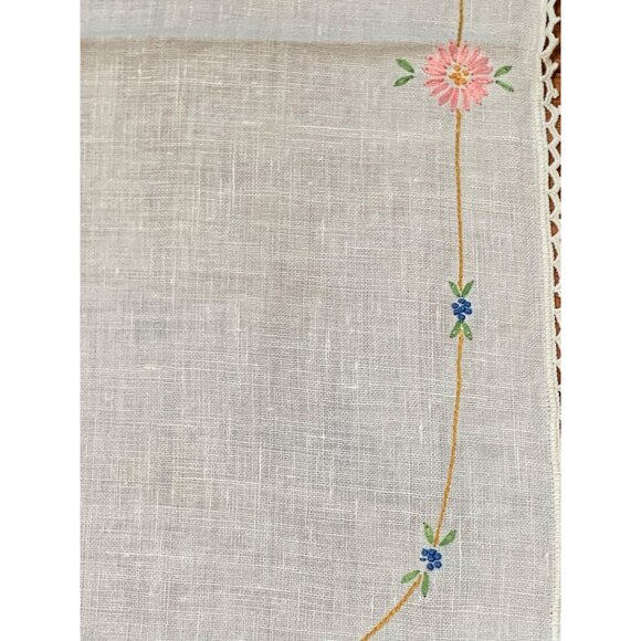 Handmade Embroidered Floral Table Runner with Lace Trim 40" x 13" - Picture 5 of 9